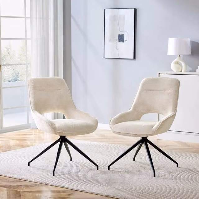 Sedia da pranzo girevole 360 OKWISH con braccioli in tessuto beige e struttura in metallo nero