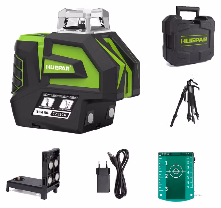Livella laser Huepar a 360°, raggio d'azione di 130 piedi, elevata precisione ±1/9", con treppiede