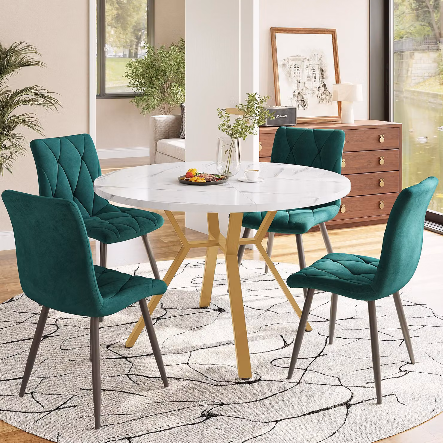 Set tavolo da pranzo Sweiko, set tavolo da pranzo e sedie (5 pezzi), tavolo da pranzo rotondo moderno e semplice in marmo, gambe del tavolo in metallo color oro + 4 sedie ergonomiche in velluto, sedia da pranzo verde