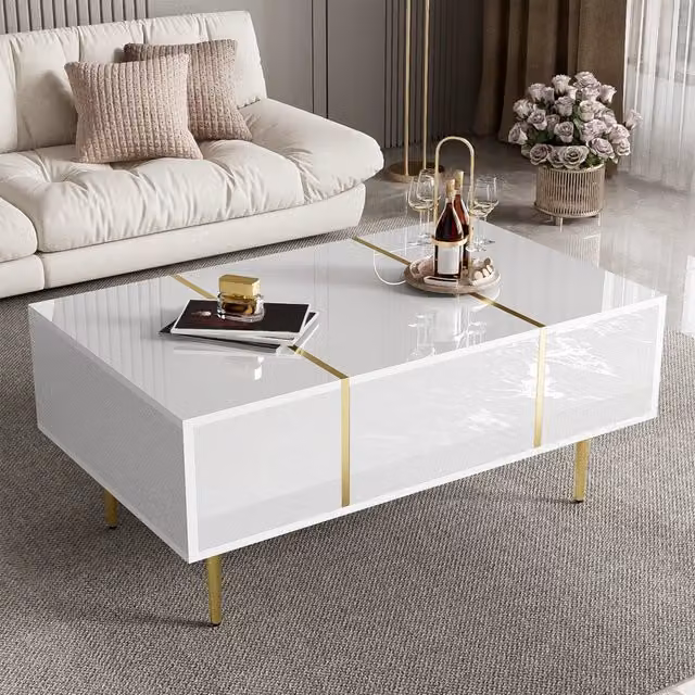Tavolino da caffè moderno Zephmum Bianco lucido con 2 cassetti e dettagli oro L: 60 cm, P: 41,5 cm, H: 60 cm