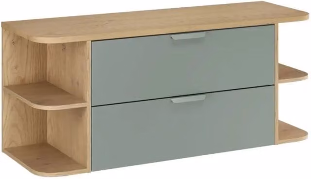 Insieme OSTER 120cm : mobili sotto lavabo con cassetti verde salvia e nicchie visibili arrotondate + piano per lavabo in aspetto rovere chiaro