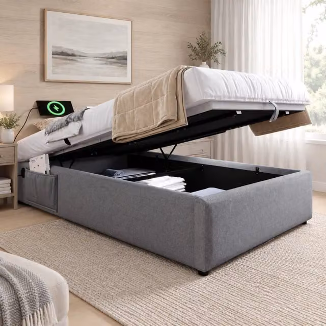 Letto singolo imbottito 90×200 cm con struttura in legno massello, tessuto di cotone grigio, base a doghe piena e porta USB-C integrata