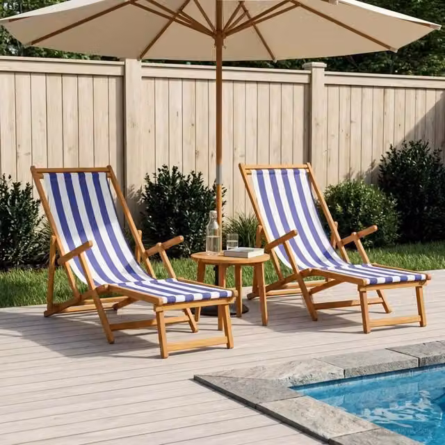 Set di 2 lettini prendisole pieghevoli vidaXL in legno massello con tessuto a righe blu e bianco per giardino e terrazzo – 1