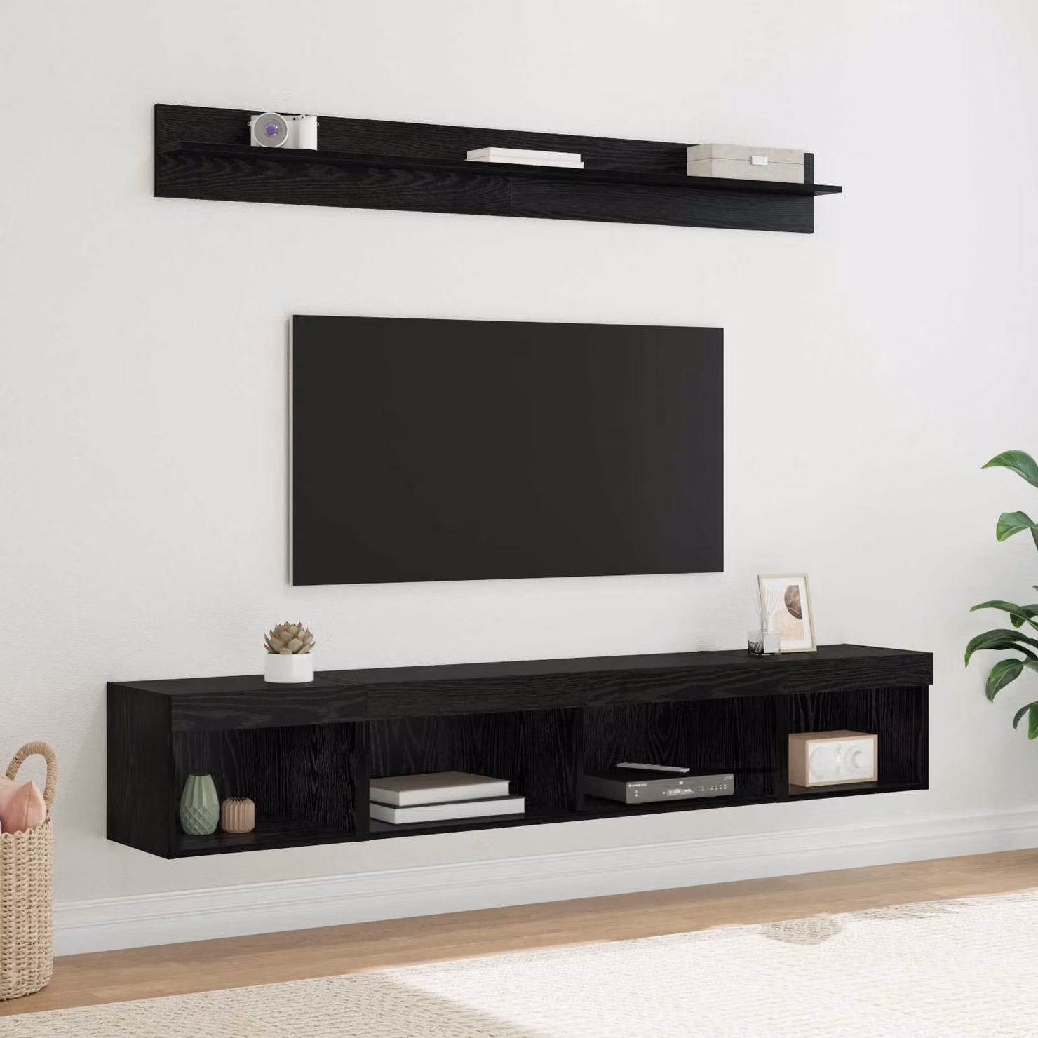 Set di mobiletto da TV a parete moderno vidaXL in 5 pezzi, colore nero e rovere