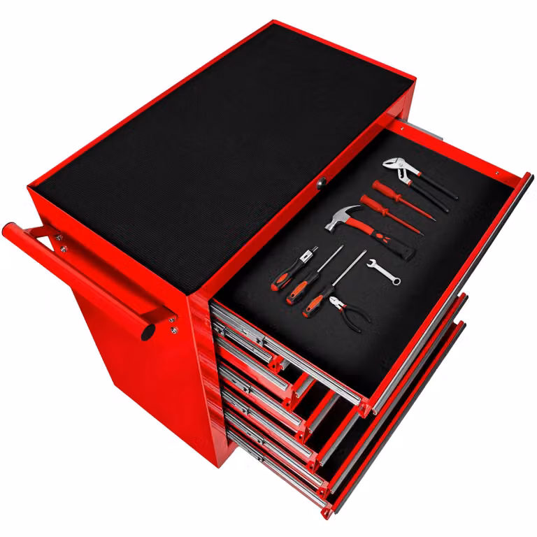 Carrello portautensili tectake con 7 cassetti chiudibili, piano di lavoro e ruote, rosso, L: 79 cm, P: 44 cm, H: 89 cm
