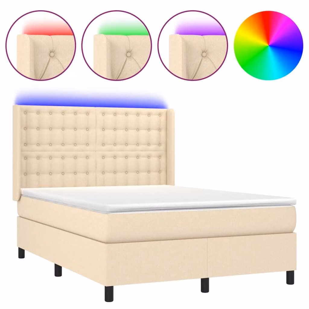 Letto a Molle con Materasso e LED Crema 140x200 cm in Tessuto