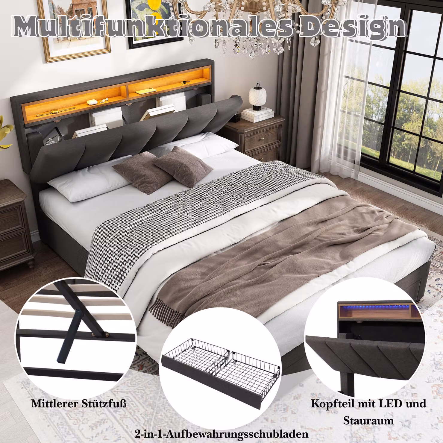 Letto imbottito Flieks 140x200cm con 2 cassetti, letto a molle idrauliche con rete a doghe, letto contenitore con LED, letto matrimoniale per ragazzi, biancheria, grigio