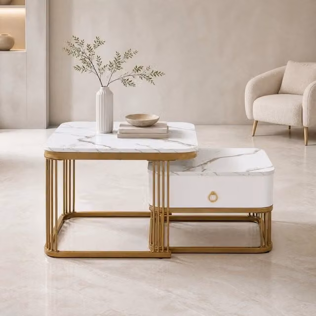 Set 2 tavolini 60x60x45 e 50x50x34 cm bianco MDF, con cassetto