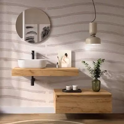 Composizione bagno Sumo con mensolone da 100 cm e cassettiera sospesa da 80 cm in rovere africa marrone opaco