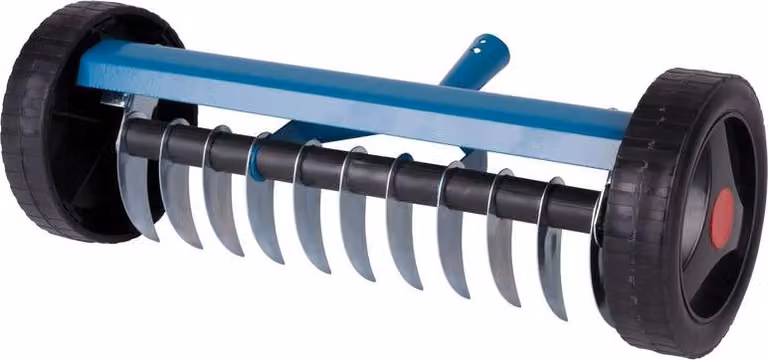 Rastrello per prato Strend Pro R152W, 11 denti, aeratore per erbacce, con ruote, senza manico