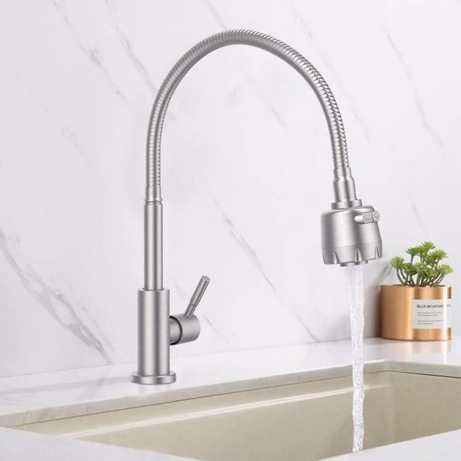 Rubinetto da cucina, girevole a 360°, solo acqua fredda, finitura spazzolata, flessibile
