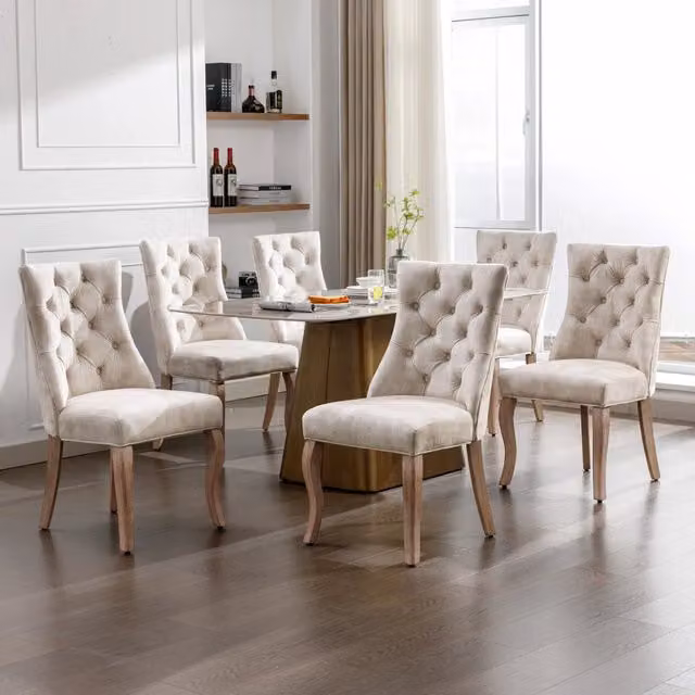 Sedia da pranzo in velluto beige chiaro - Zephmum - Schienale alto, imbottitura a bottoni, telaio in legno massello, set da 6