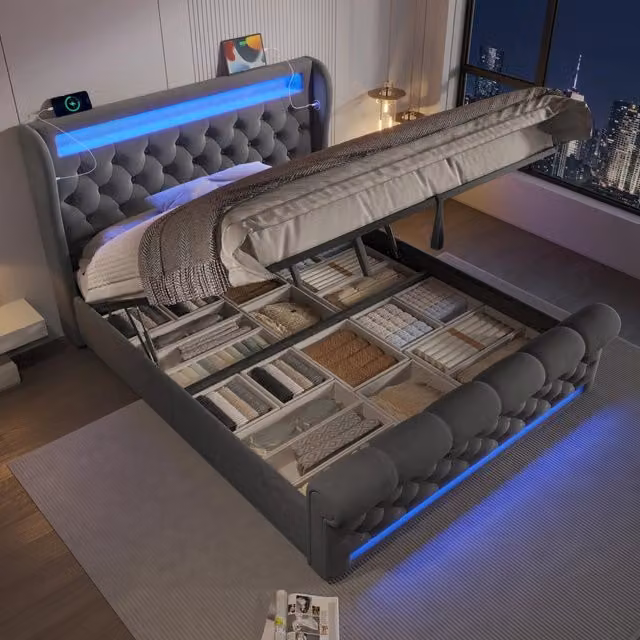 Letto Matrimoniale 140x190 cm in Velluto Grigio con Contenitore Idraulico; Luci LED e Prese USB/Type-C