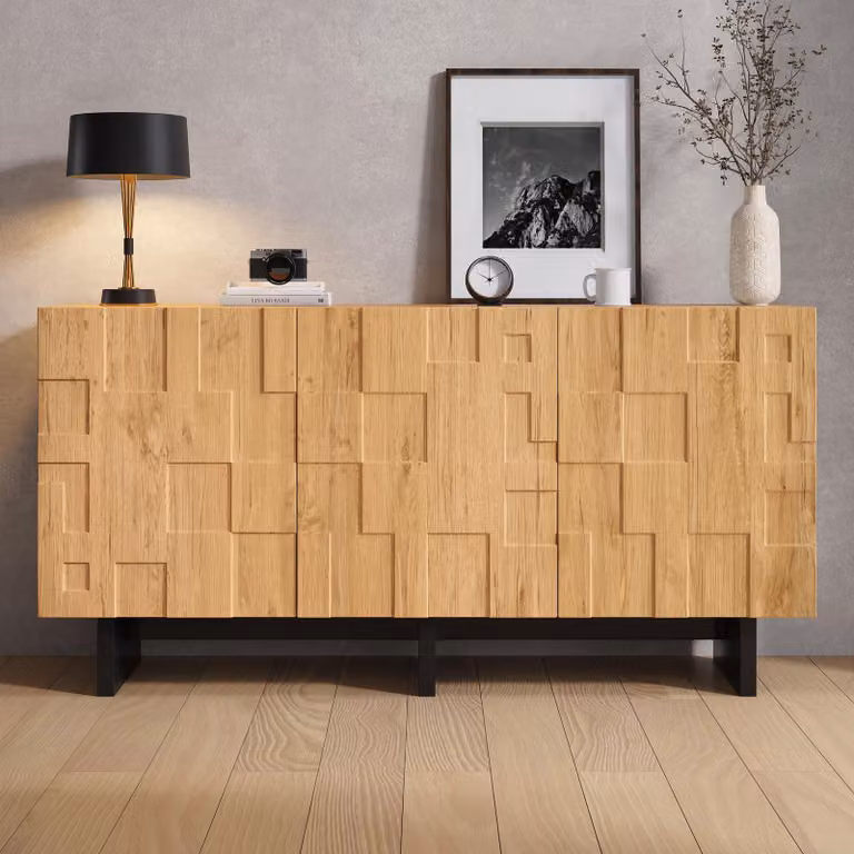 Mobile contenitore laterale Merax con 3 ante e 5 scomparti, cassettiera con motivo a rilievo, sistema di apertura a pressione, armadio contenitore in MDF, stile rustico, colore legno