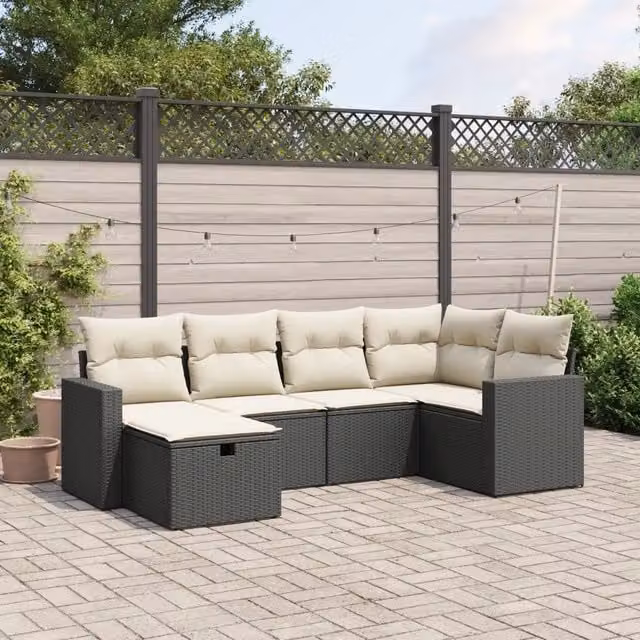 Set Divano da Giardino a L vidaXL in Polyrattan Nero con Cuscini e Ottoman per 6 Persone – 1