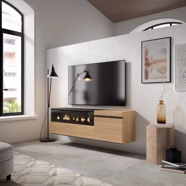 Mobile TV Soggiorno, 150x35x45cm, Per TV fino a 65", Camino elettrico, da appendere, colore Rovere RF3304
