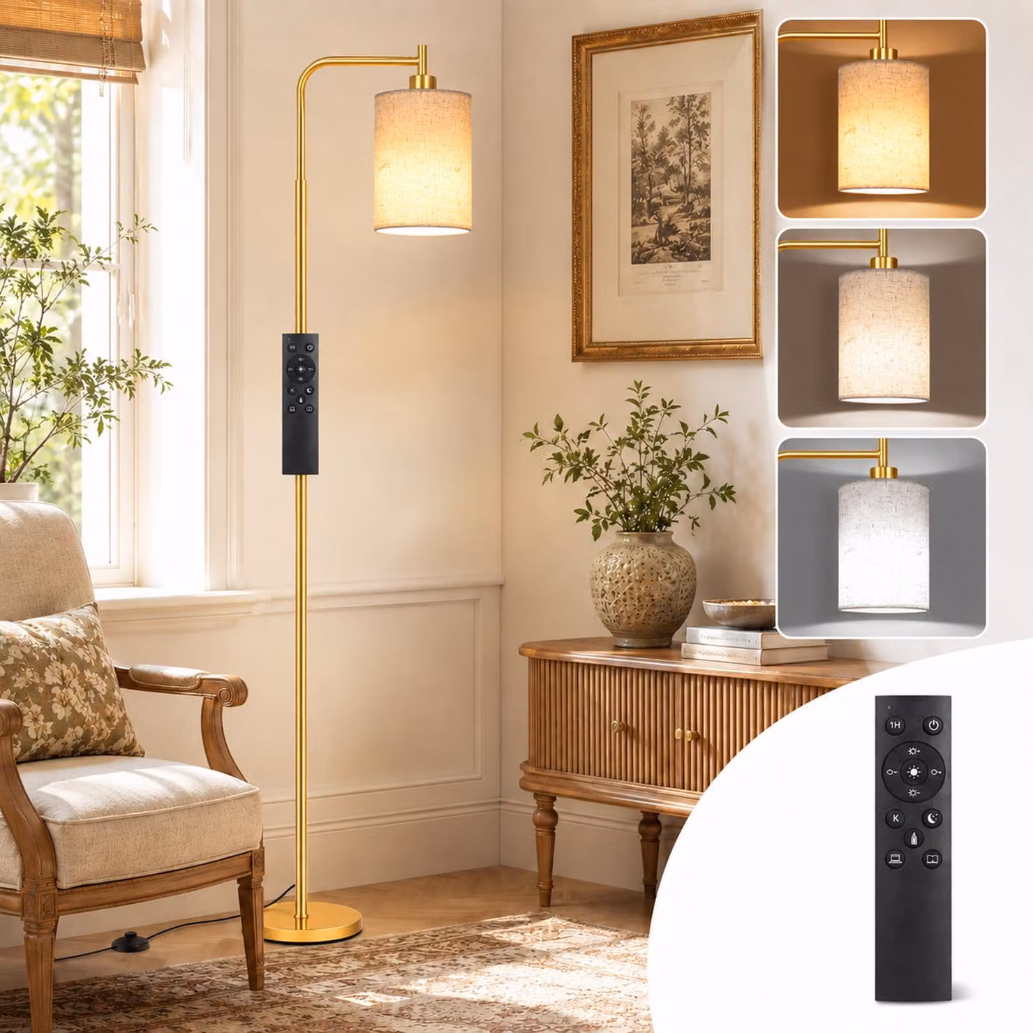 Lampada da terra LED dorata con telecomando, temperatura di colore regolabile da 3000 a 6500K, dimmerabile dal 20% al 100%, lampada da lettura da 12W con paralume, lampada angolare moderna per soggiorno/camera da letto/ufficio