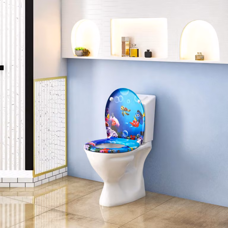 Copertura per WC con sistema di abbassamento automatico e fissaggio rapido, decorata con motivo di pesci rossi