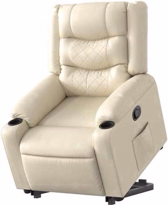 Poltrona regolabile elettricamente, rivestita in ecopelle color crema