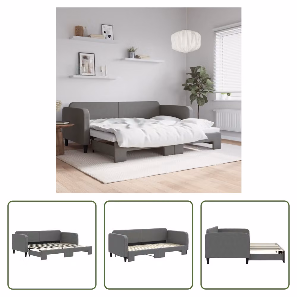 The Living Store letto da giorno allungabile grigio scuro 90x200 cm in tessuto