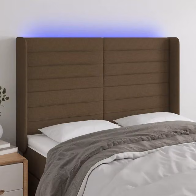 Testiera per letto con LED e porta USB vidaXL in tessuto marrone scuro L: 147 cm, P: 16 cm, H: 118/128 cm