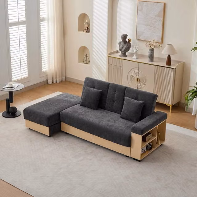 Divano letto con contenitore e schienale regolabile a 3 posizioni; 217 cm in ciniglia grigia
