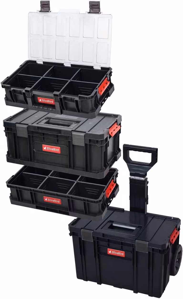 Set di valigette per utensili 4-in-1, su ruote, capacità 82,6 litri, in plastica