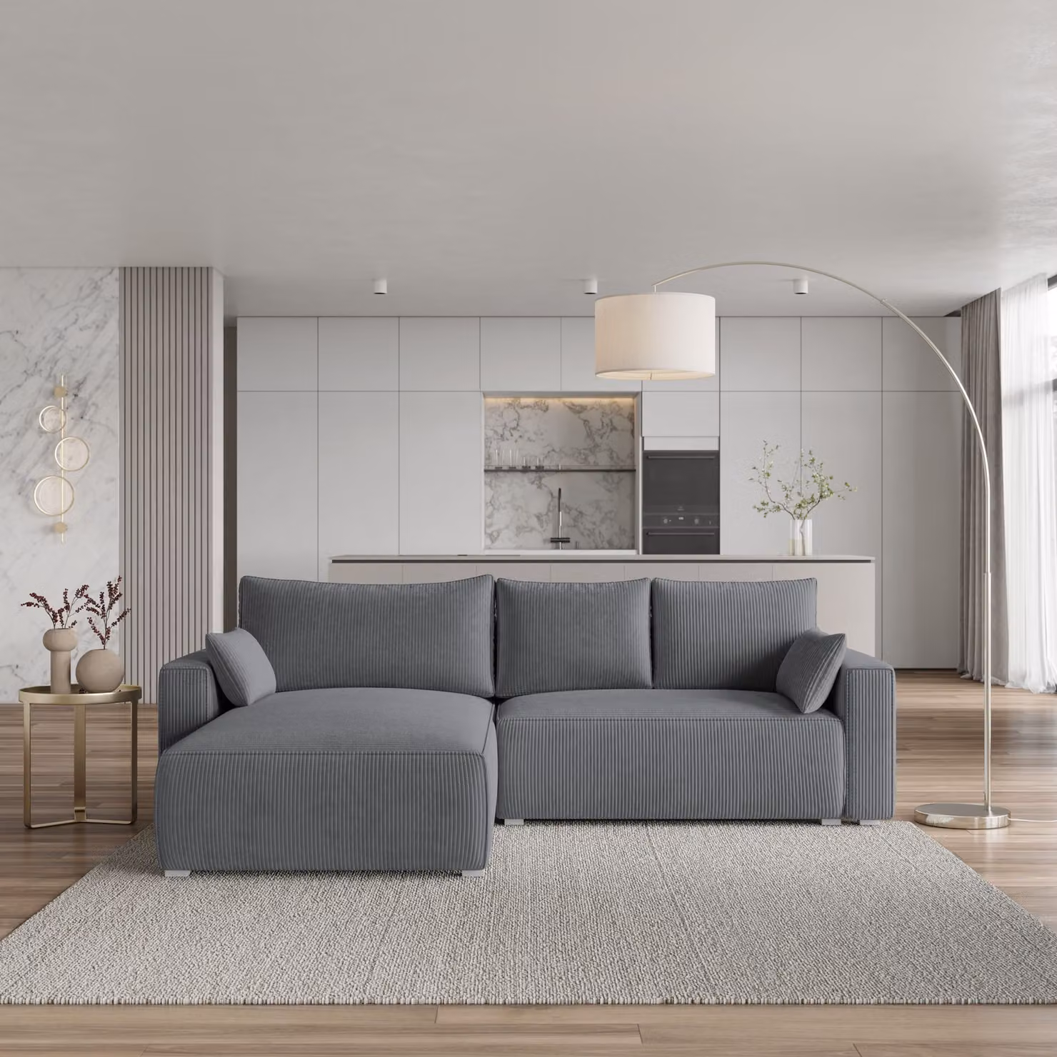 Divano angolare Masseno FORIL P con funzione letto a L, divano con contenitore, divano da salotto, divano, divano, divano letto, set di divani - grigio, POSO 60