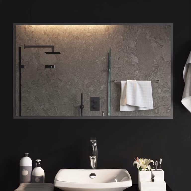 Specchio da bagno moderno vidaXL con illuminazione LED in vetro temperato trasparente, L: 100 cm, H: 60 cm