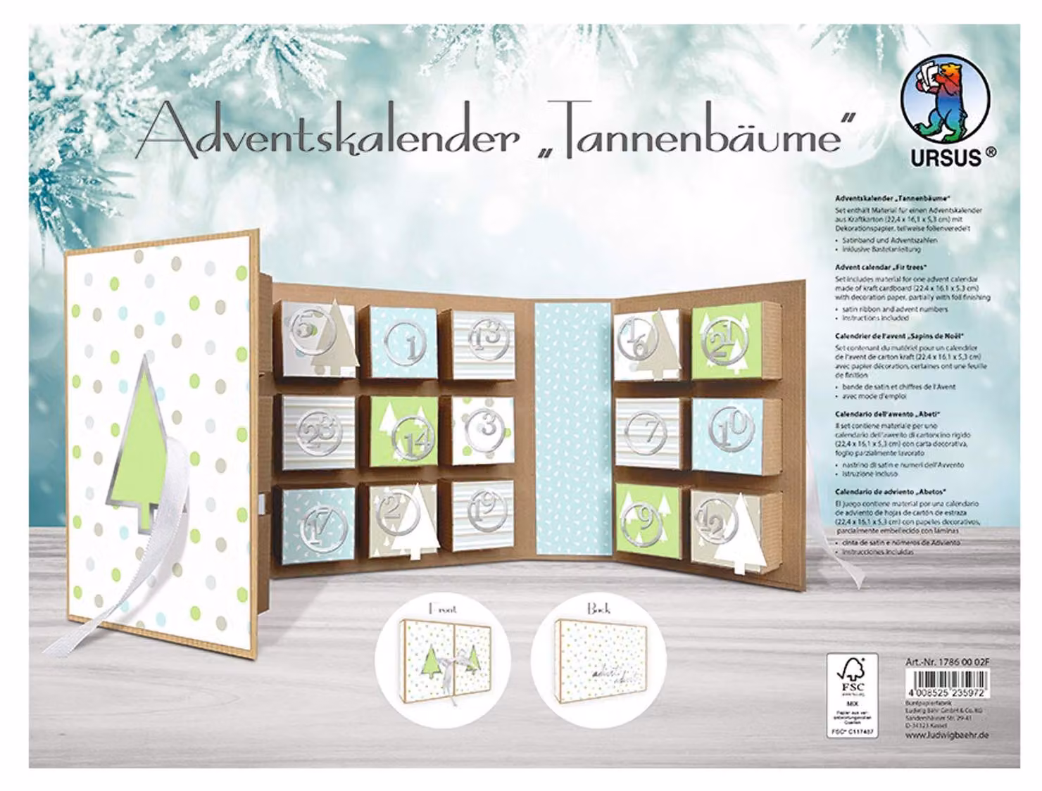 Calendario dell'Avvento a forma di libro, con decorazioni a forma di abete, dimensioni 22,4x16,1x5,3 cm, realizzato in cartone resistente