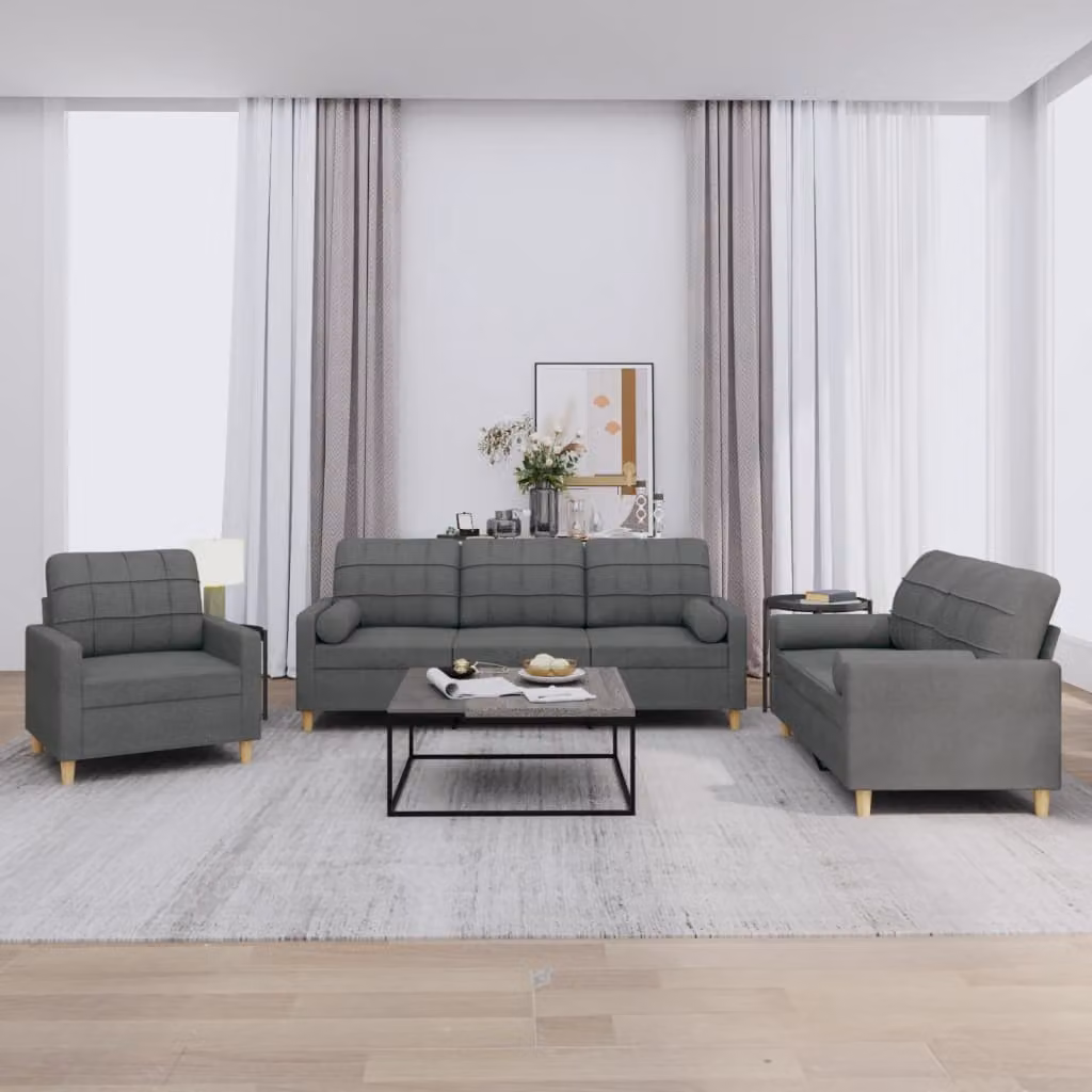 Set di divani vidaXL da 3 pezzi in tessuto grigio con cuscini per soggiorno moderno – 1