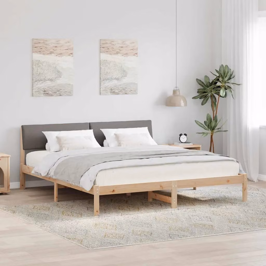 Struttura del letto moderna con testiera vidaXL in legno di pino, colori marrone, beige e grigio, 200 x 200 cm – 1