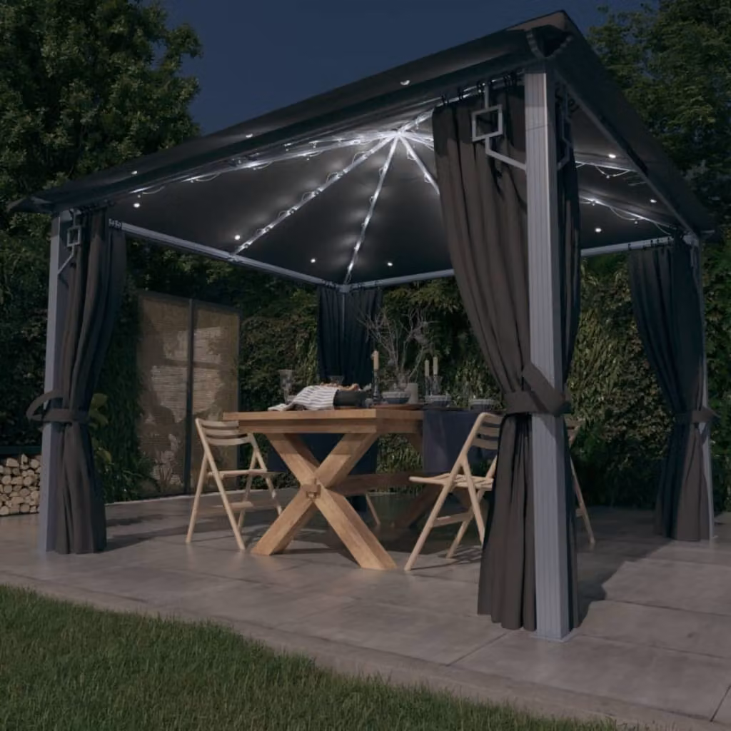 Gazebo The Living Store con tende e luci LED 3x3 m in alluminio antracite