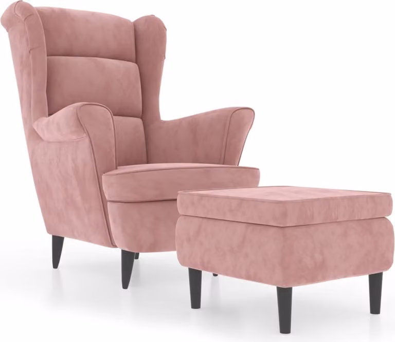 Poltrona con Schienale ad Ala con Poggiapiedi Rosa in Velluto
