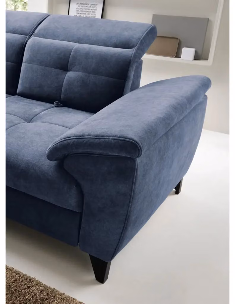 Divano ad angolo INFERNO MEUBLORAMA blu con funzione letto, poggiatesta regolabile e pouf coordinato, lato sinistro L/P/H: 297 x 210 x 107 cm – 2