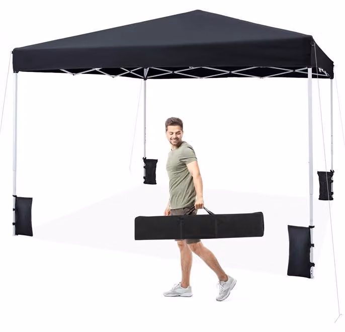 KOMFOTTEU, Gazebo da giardino 3x3 metri, gazebo pop-up con altezza regolabile, tenda per feste con protezione solare e struttura Acciaio al carbonio, gazebo pieghevole con borsa da trasporto e 4 sacchi di sabbia, ideale per giardino e campeggio (nero)