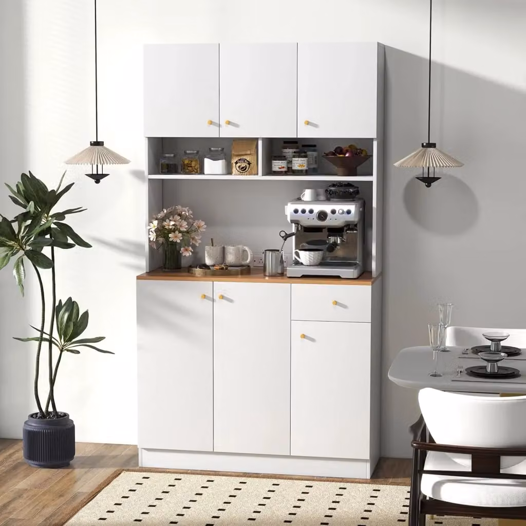 Armadio Dispensa da Cucina Costway Bianco con Illuminazione LED e Prese Elettriche, L/P/H: 100 x 40 x 181 cm – 2