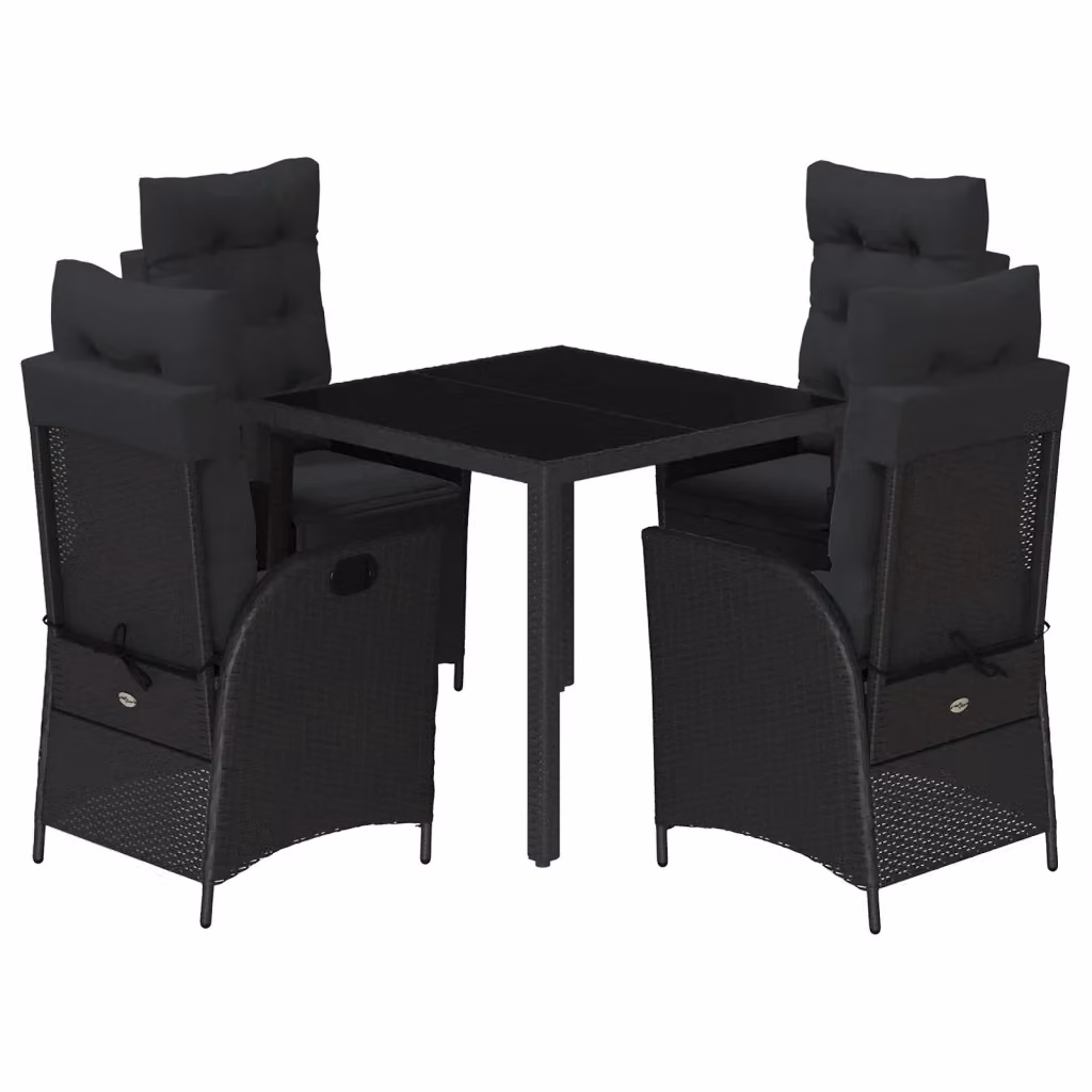Set da Pranzo da Giardino vidaXL 5 pz in Polyrattan Nero con Cuscini e Tavolo in Vetro – 2