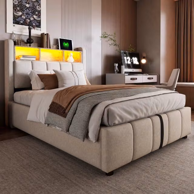 Letto imbottito 90x200 cm con contenitore; LED e USB-C in tessuto beige
