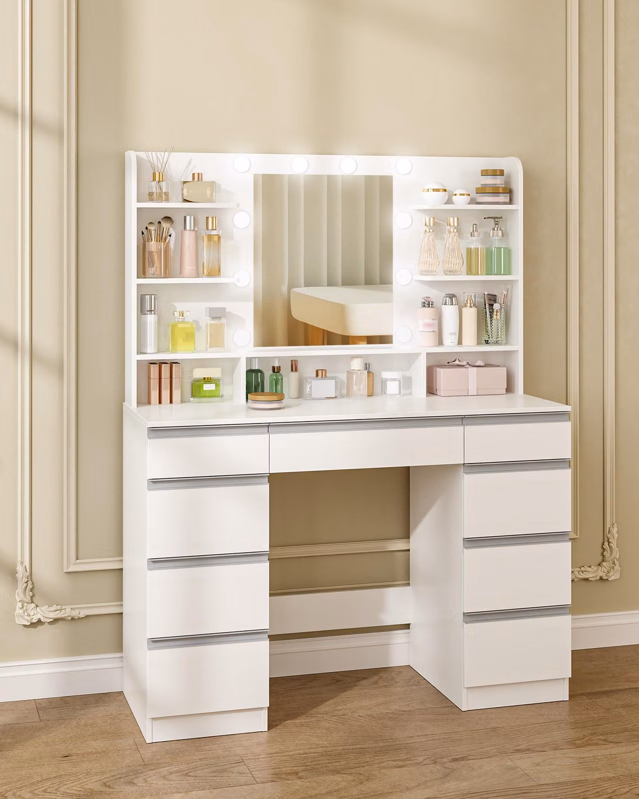 Comò con specchio - Bianco con illuminazione a LED - 9 cassetti