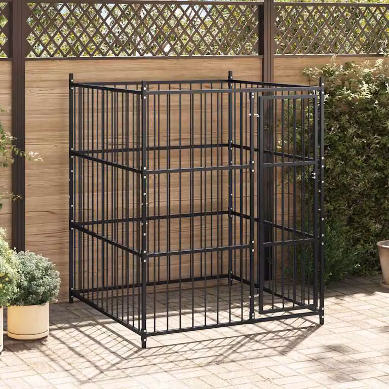 Canile da esterno vidaXL in metallo nero, resistente alle intemperie, L 150 x P 150 x H 185 cm
