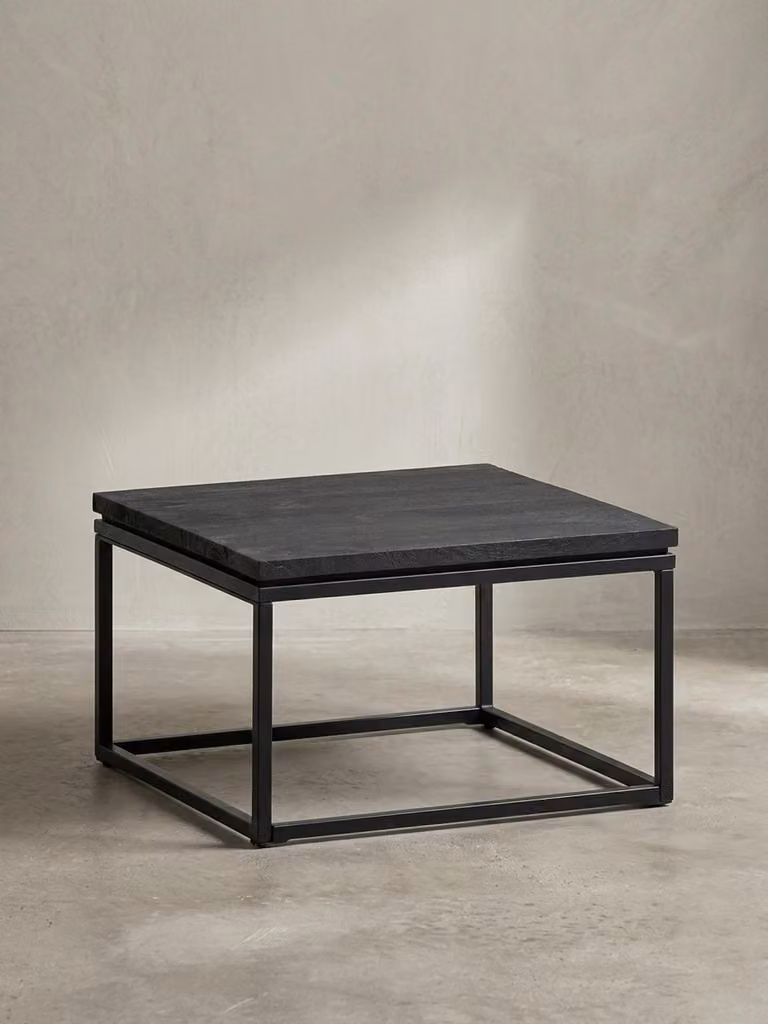 Tavolino da salotto 60x60x35 cm in legno massello di mango / metallo nero Tavolino quadrato, tavolino da salotto di design con venature naturali del legno, tavolino da caffè per soggiorno moderno