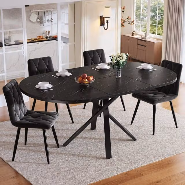 Set da pranzo 5 pezzi: tavolo rotondo allungabile 100-140 cm e 4 sedie in velluto nero. Per 4-6 persone, con funzione di estensione pratica.