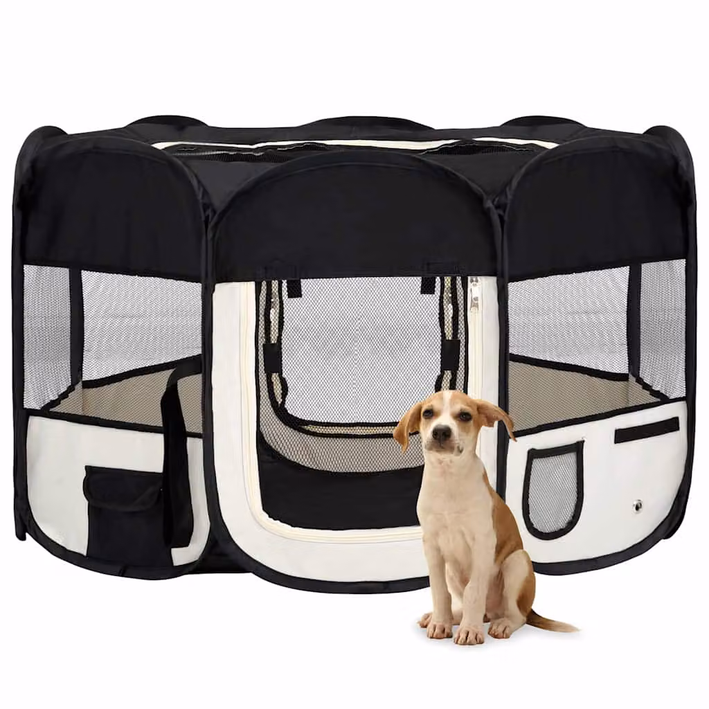 vidaXL Box per Cani Pieghevole con Borsa per Trasporto, Nero e Beige, L/P/H: 125 x 125 x 61 cm