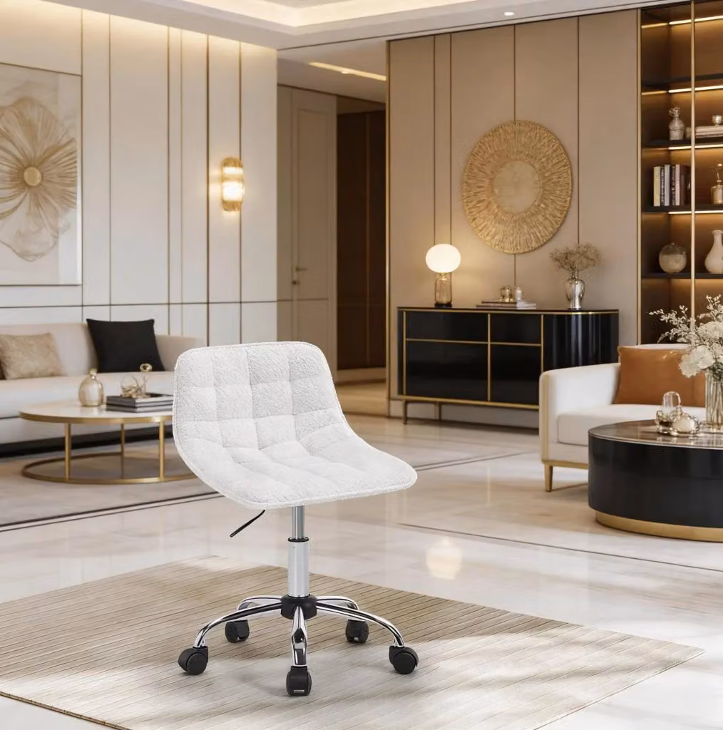 Sedia da ufficio girevole moderna in tessuto bianco con ruote e struttura in metallo per home office – 2