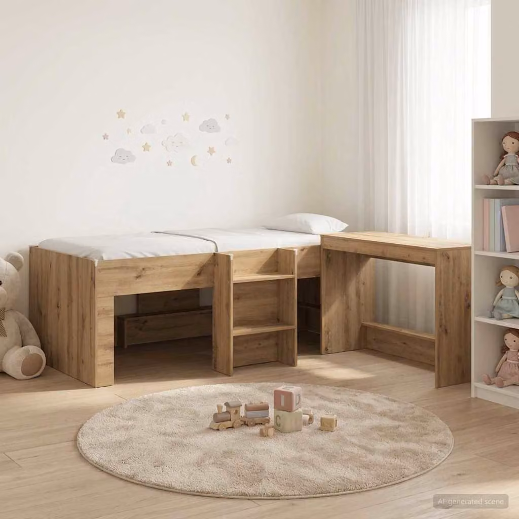 Letto alto per bambini vidaXL con scrivania e scale, Rovere Artigianale, L/P/H: 190 x 90 x 193 cm