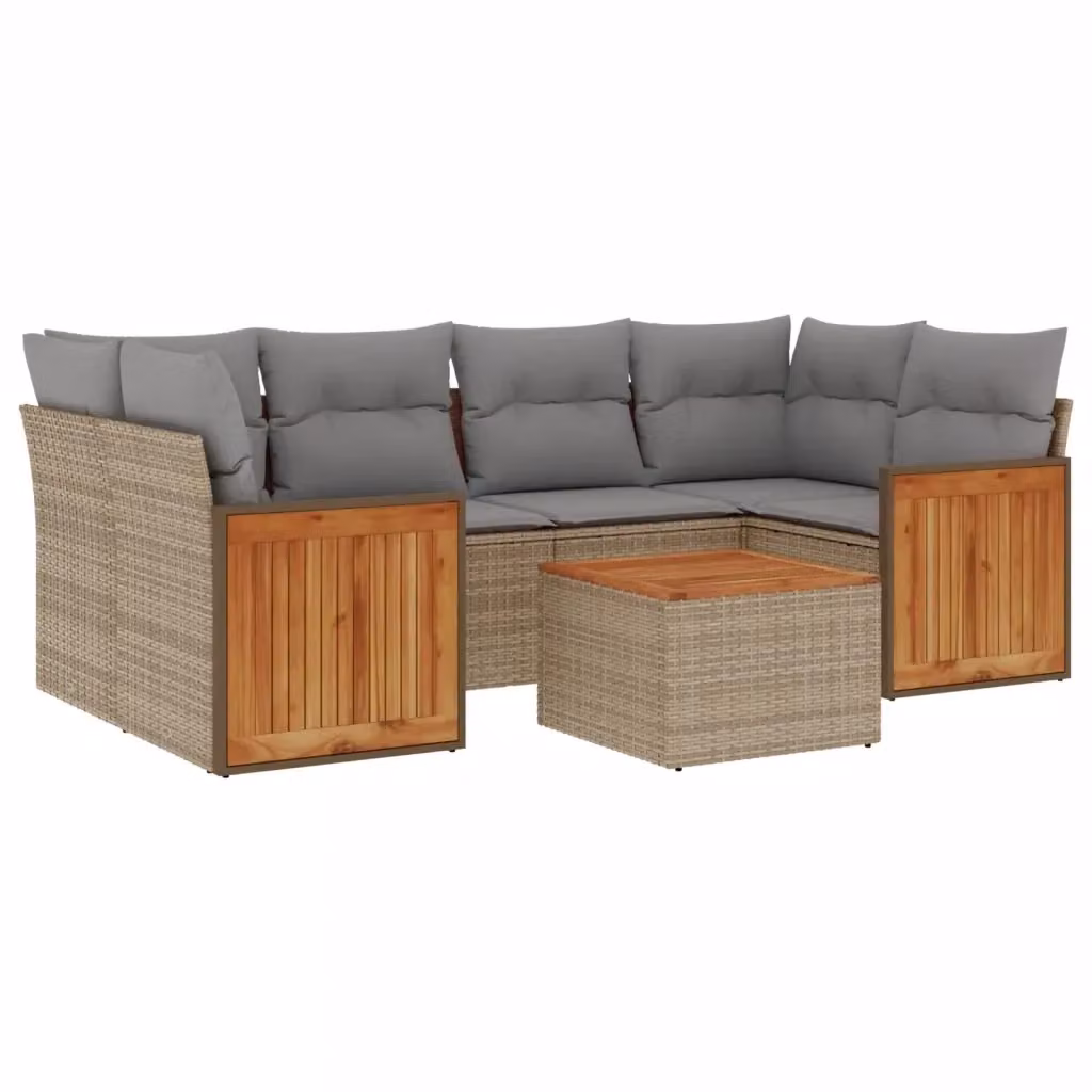 vidaXL Set di Divani da Giardino 7 pz a Forma di L in Polyrattan con Cuscini Beige e Tavolino da Esterno – 2
