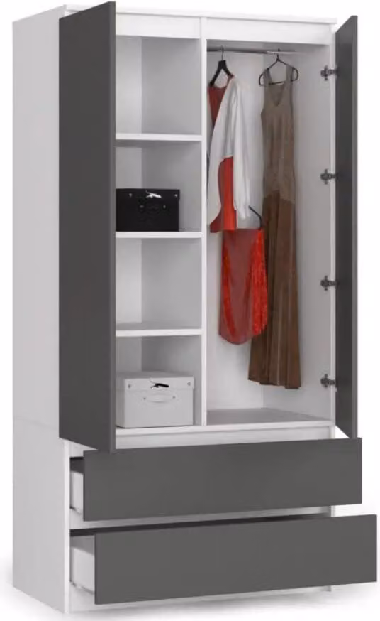 BDW, armadio 2 ante, 2 cassetti, 180x90x51 cm, bianco/grigio