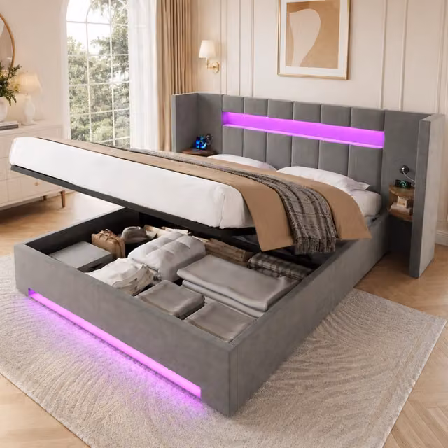 Letto contenitore 180x200 cm; sollevamento idraulico; testiera larga; 2 anta USB; mobiletto retr ; LED; ampio vano sottoletto; velluto; grigio