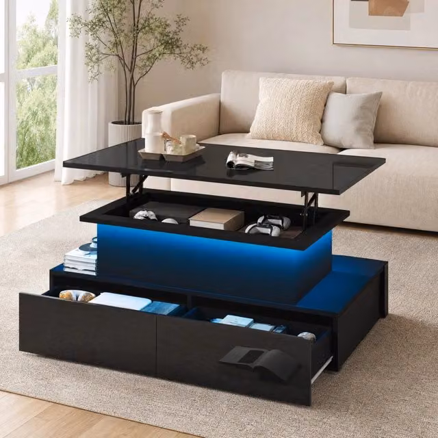 Tavolino basso Mivray nero lucido con LED, piano estraibile e 4 cassetti click-to-open in MDF